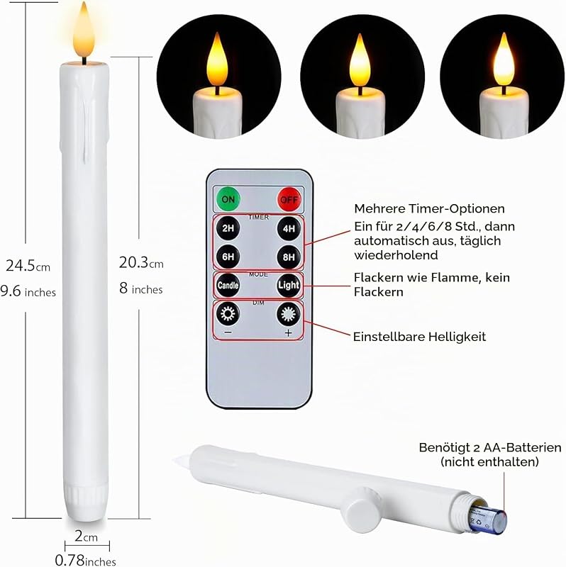 6 Stück White led stabkerzen, Flammenlose Tafelkerzenmit fernbedienung, batteriebetriebene LED Kerzen, 3D-Dochtlicht für Weihnachtsdeko