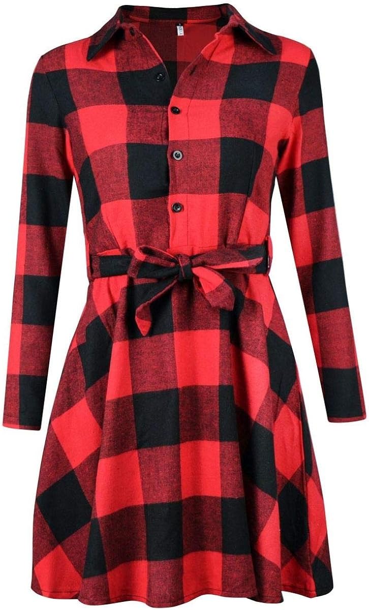 FANCYINN Women Long Sleeve Plaid Pattern Tunic Tops Shirt Casual Dress at  Women’s Clothing store