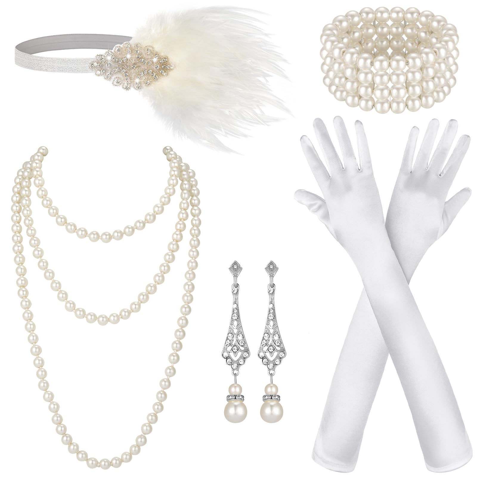 Photo 1 of Maitys 1920s Flapper Gatsby Costume Accessories Set for Women Feather Headband Pearl Necklace Bracelet Earrings Gloves