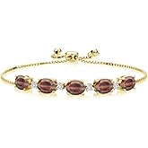 Gem Stone King 6.51 Ct Oval Red Tiger Eye White Diamond 18K Yellow Gold Plated Silver Bracelet For Women