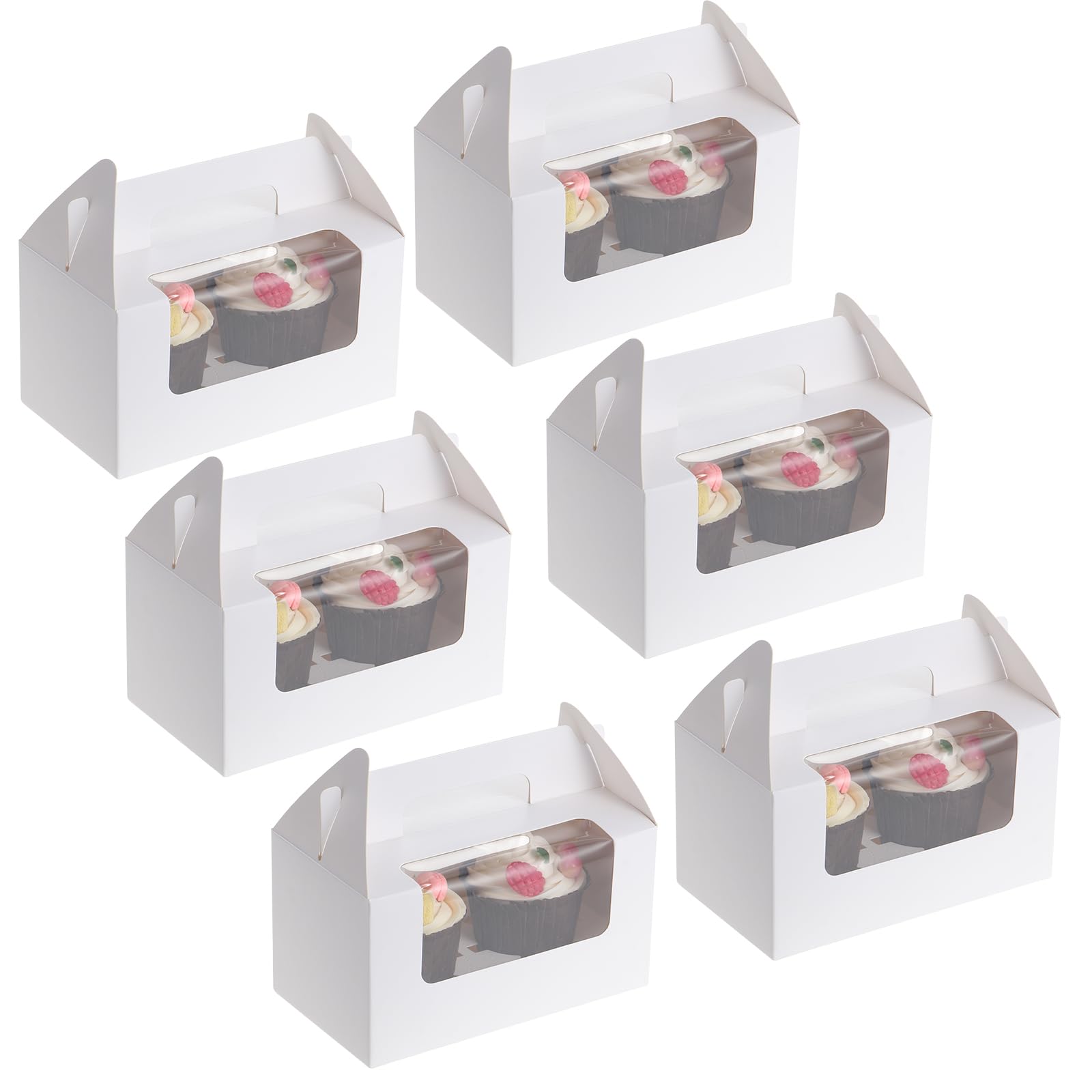 Coolty 50pcs Cupcake Boxes 2 Holes Cardboard Packaging Boxes Bakery Pastry Boxes with Handle for Cookies Muffins Cupcakes Desserts Pies (White)