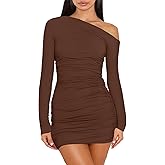 Nsbonu Women's Sexy Off Shoulder Long Sleeve Ruched Bodycon Elegant Cocktail Party Mini Dresses
