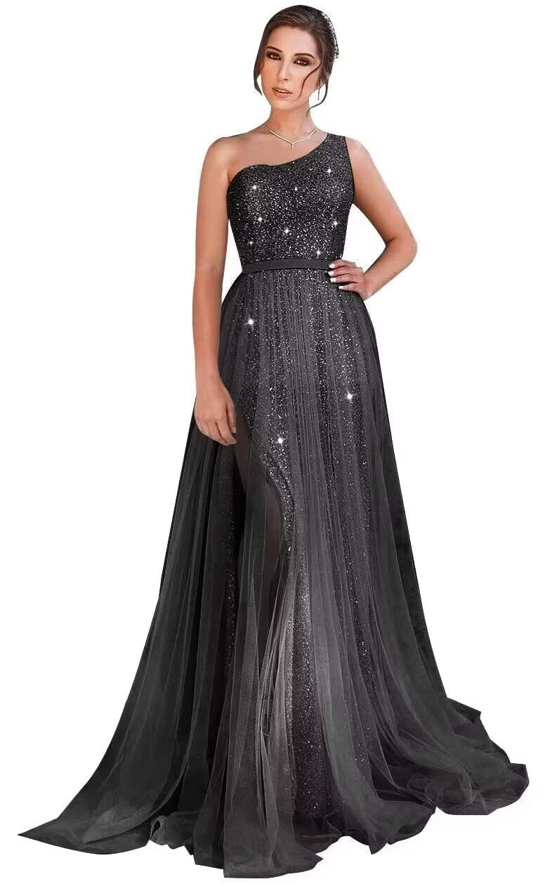 One-Shoulder Black Sequin Cutout Long Formal Dress with Slit main image 0
