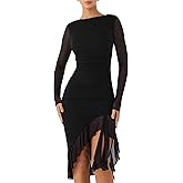 BORIFLORS Women's Sexy Ruched Bodycon Midi Dresses Elegant Mesh Long Sleeve Ruffle Hem Cocktail Party Dress
