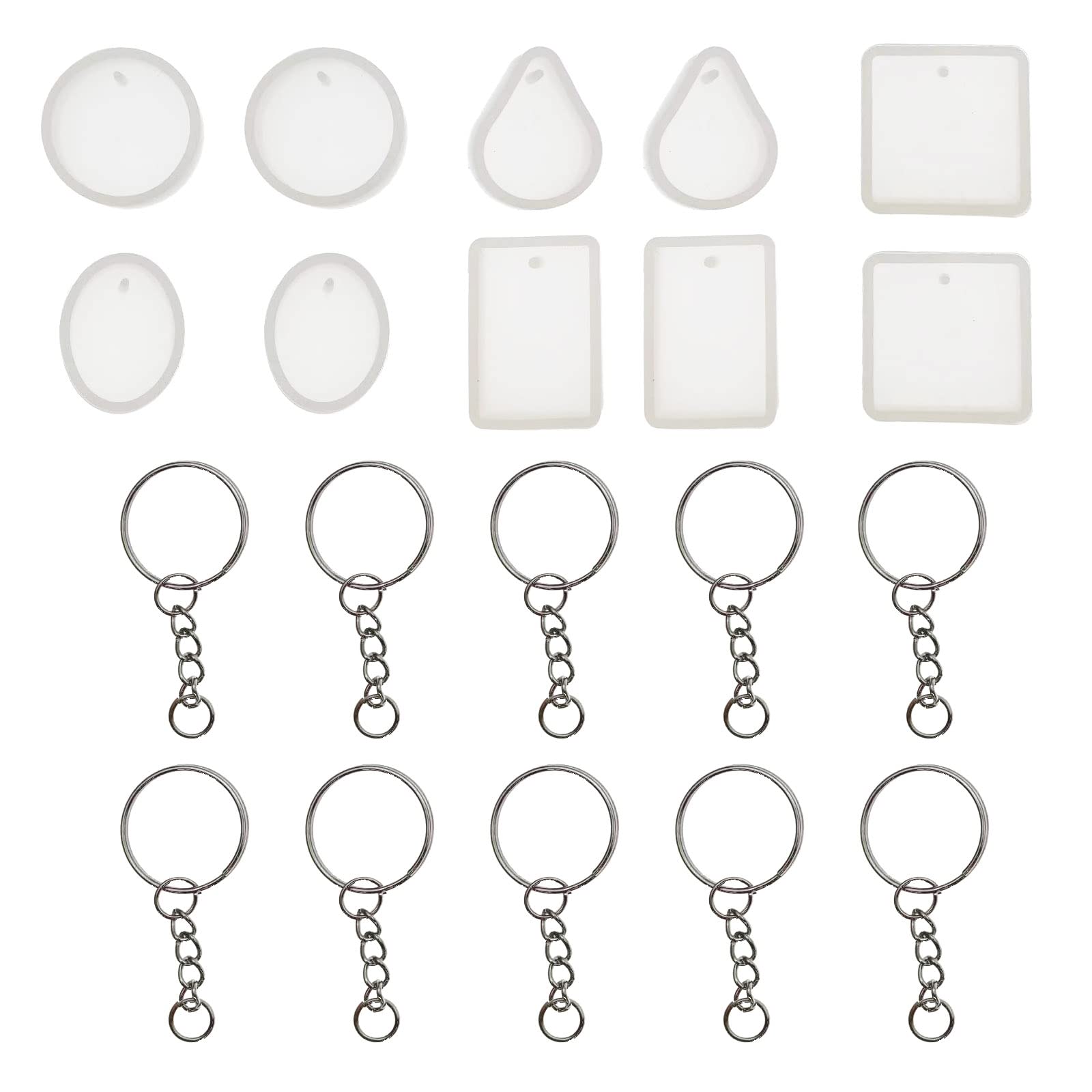 LuenHego Keychain Resin Moulds 10Pcs Silicone Resin Molds and 10Pcs Metal Keyring Epoxy Resin Mould Kit DIY Craft Resin Keychain Pendant Earring Hanging Ornaments