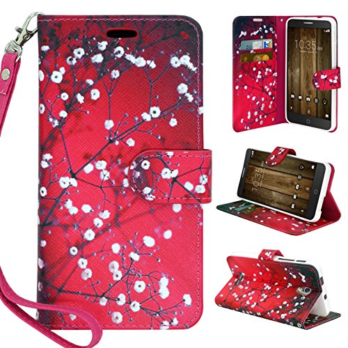 Alcatel Fierce 4 Case, Customerfirst - Design Premium Flip PU Leather Fold Wallet Pouch Case for Alcatel Pop 4 FREE emoji keychain + stylus (Blooming Red)