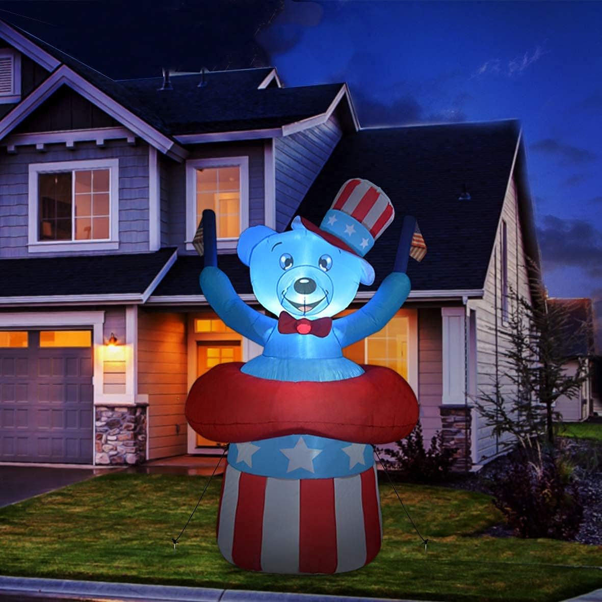 GOOSH 6.5 ft Tall Independence Day Inflatable Bear with Star Spangled Top Hat and American Flag Blowup Inflatables with Build-in LED Lights for Party Indoor,Outdoor,Yard,Garden,Lawn Decorations: Garden & Outdoor