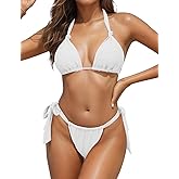 Zonsaoja Women Thong Bikini Side Tie Triangle Two Piece Bathing Suits Halter Knot Swimsuits