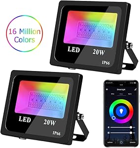 LED Smart Flood Lights 20W, RGBCW Color Changing, 2700K-6500K Dimmable Outdoor WiFi Color Changing Stage Light, IP66 Waterproof, Compatible with Alexa and Google Home (2 Pack)