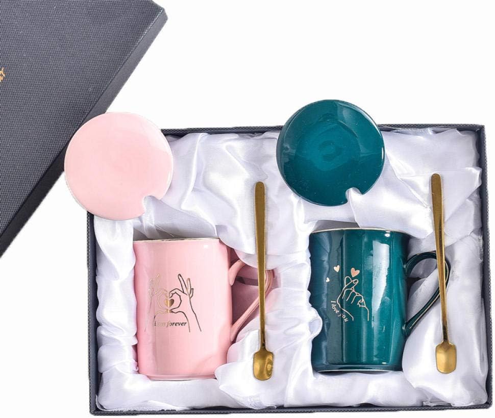 HMShun Mug Coffee Cup Ceramic with lid Spoon Cup Wedding Wedding Gift Box Set Couple Pair of Cups a Pair of Cups@Pink and Dark Green