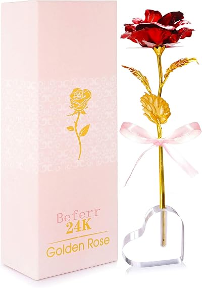 Beferr Forever Rose Gifts for Mum Gold Foil Red Flower with Heart Base