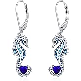 LONAGO Seahorse Earrings 925 Sterling Silver Blue Seahorse with Heart Shaped Birthstone Drop Dangle Earrings for Women
