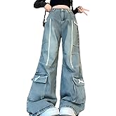 RILGOU Grunge Y2K Kawaii Gothic Clothes Casual Straight Wide Leg Vintage White Lace Bows Decor Cargo Jeans for Women