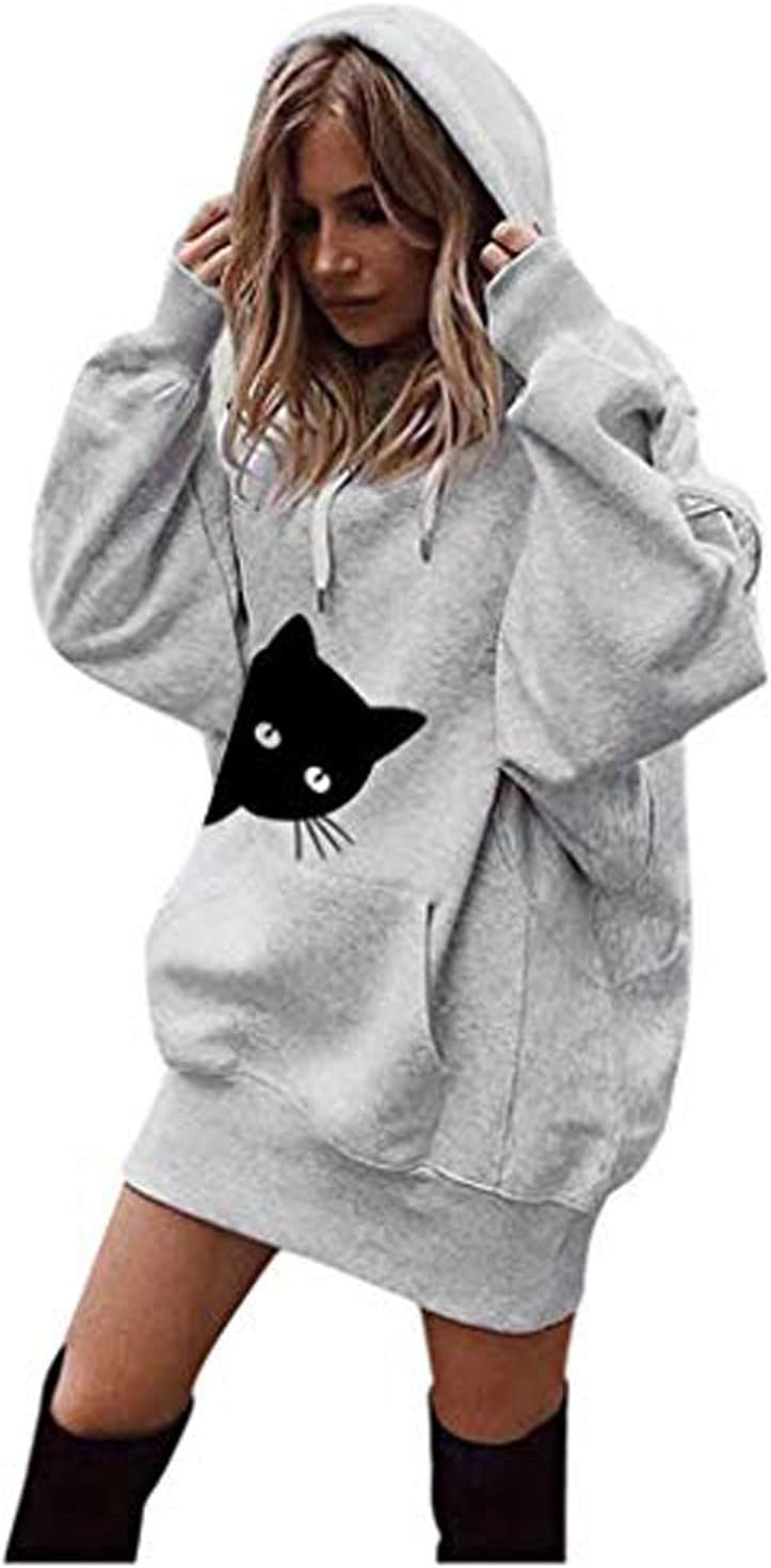 Women Causal Hoodie Maxi Dress Solid Pullover Loose Sweater Hoodie Tops Sweatshirt Long Tops