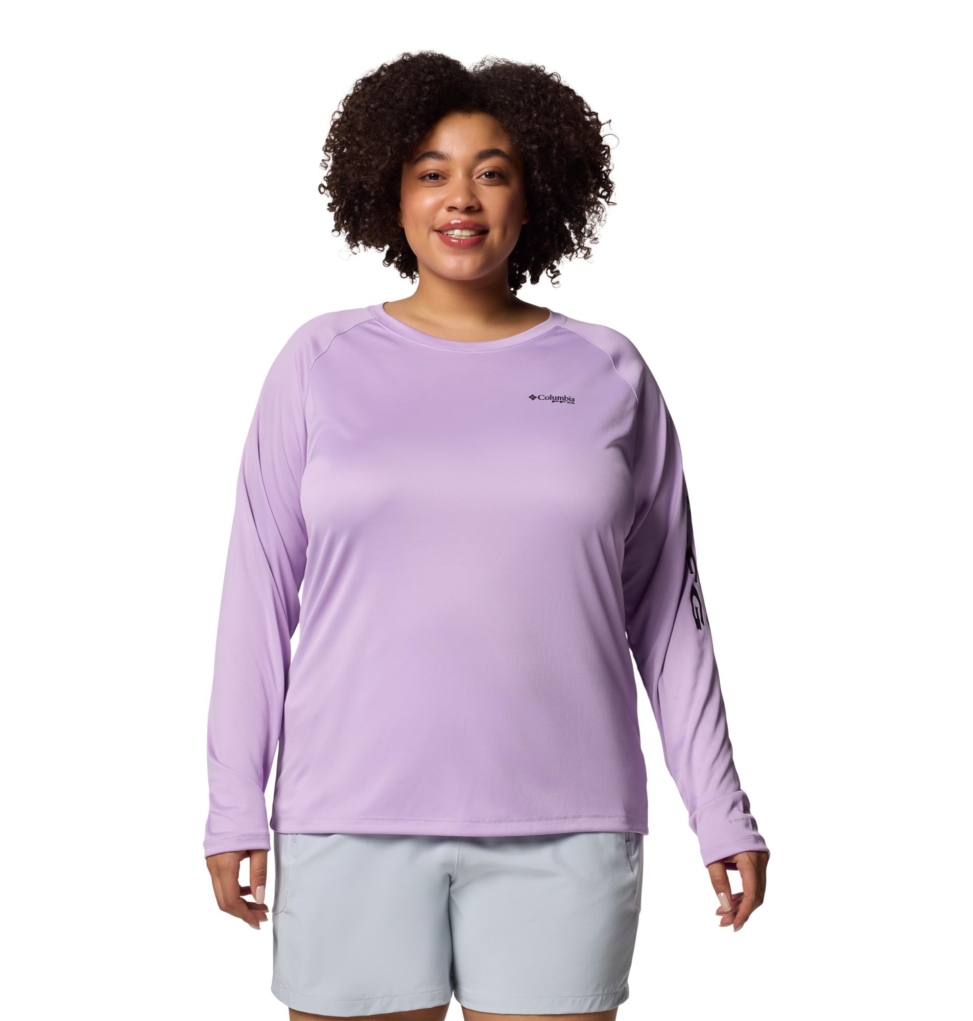 Columbia Womens PFG Tidal Tee II Long Sleeve Sun Protection Shirt, Hydrangea/Black Logo, 3X Image
