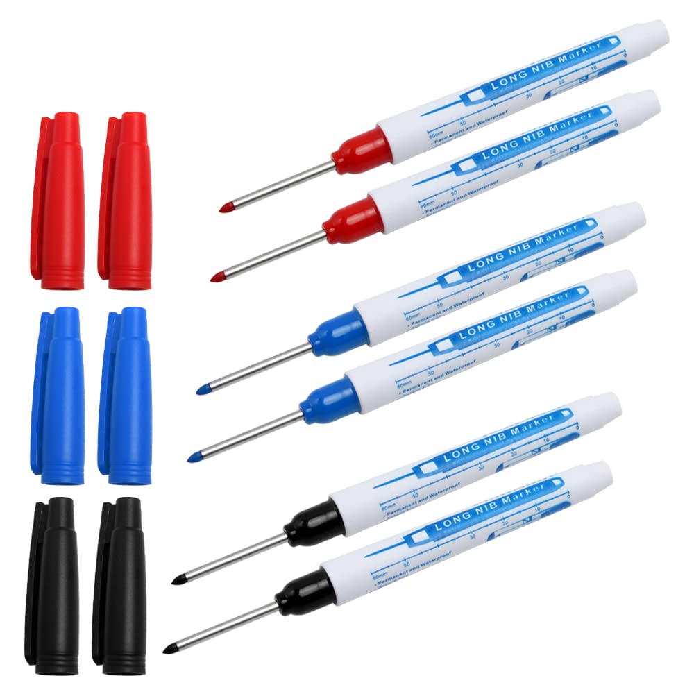 Pilikoll 6 Pcs 30mm Long Head Deep Hole Marker Carpenters Pen Fine Tip Permanent Marker Pens Deep Hole Marker Pens Marking Tool for Permanent Marking of Hard To Reach Areas (Black Blue Red)