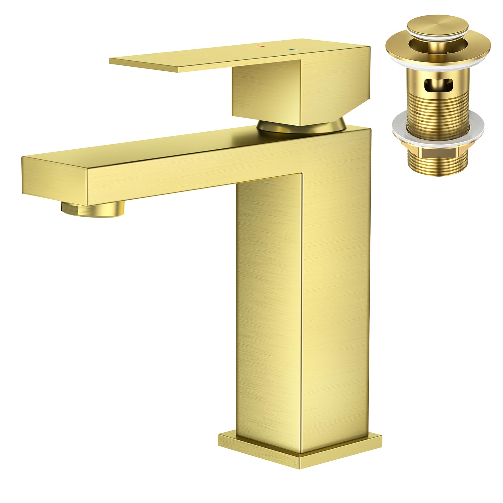 Faustina Bathroom Basin Mixer Tap Square with Pop-Up Drain Fitting, One Hole Monobloc Single Lever Bathroom Tap in Stainless Steel Brushed Gold, UK Standard
