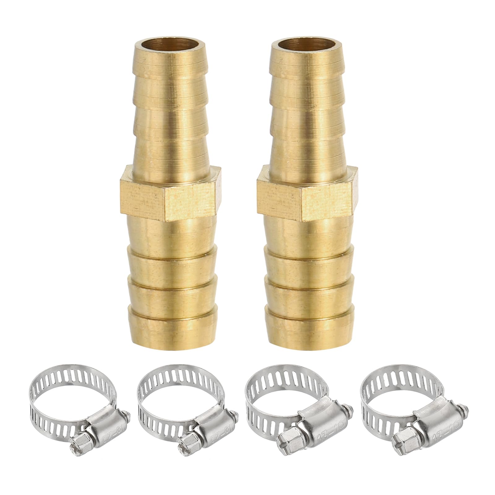 PATIKIL 3/8" to 1/2" Brass Hose Barb Reducer, 2Pcs Barbed Hose Fittings with 4 Stainless Steel Clamps Reducing Splicer Mender Union Adapter for Air Water Fuel