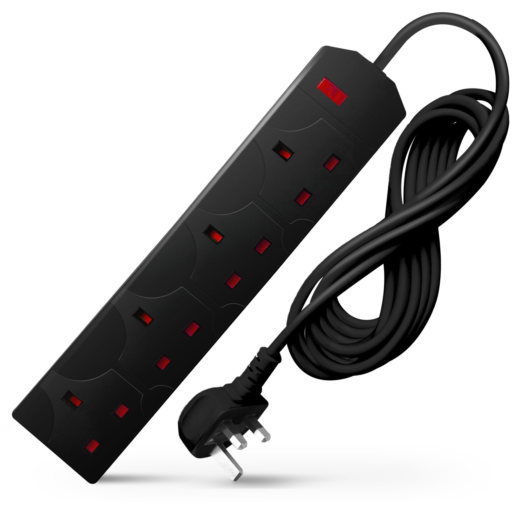 DESIRETECH Black Electric Extension Lead - 4 Gang, 10 Metre Cable with UK Plug & 3 Pin Socket - Wall Mountable & Multi Socket Mains Strip for Home, Bedroom, Kitchen, & Office (1 Pack)