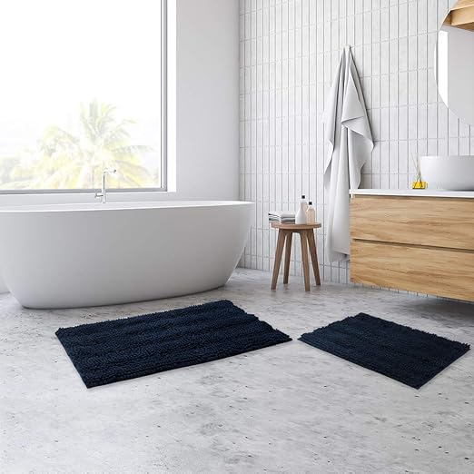 Amazon Com Bathroom Rugs Mats Kitchen Floor Extra Soft Shaggy Chenille Bath Mats Machine Washable Bath Rugs Super Absorbent Non Slip Plush Microfiber For Shower Room 2 Set 20x32inch 17x24inch Navy Kitchen