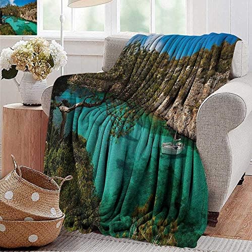 Cool Blanket,Nature,Small Yacht Floating in Sea Majorca Spain Rocky Hills Forest Trees Scenic View,Green Aqua Blue,300GSM,Super Soft and Warm,Durable Throw Blanket 70"x90"