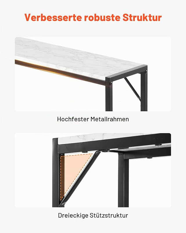 Konsolentisch aus Marmor, moderner Langer Flurtisch (110 cm) mit Steckdose, dünner Sofa-Beistelltisch mit Eisenrohren, Kippschutz & dreieckiger Stütze für Wohnzimmer Flur Eingangsbereich