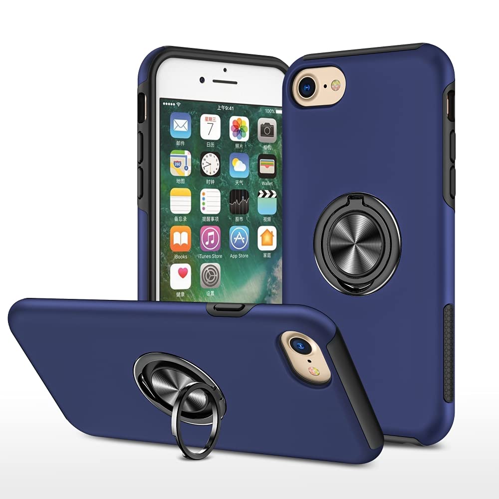 EYZUTAK Case for iPhone 7 Plus iPhone 8 Plus, 360 Degree Rotation Magnetic Metal Finger Ring Holder Magnet Car Holder Inner Silicone with Camera Protection Glossy Anti-drop Hard Cover - Blue