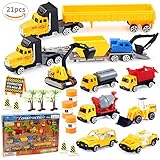 Construction Cars Play Set 21pcs Vehicle Trucks Playsets for Boys Tough Construction Toy Set for Kids with Diggers, Mixing Truck, Construction Truck, Helicopter, Tow Truck, Semi Truck and Accessories