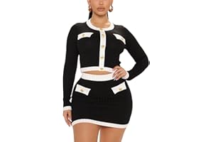 MOEENCN 2 Piece Skirt Outfits for Women Long Sleeve Button Crop Top Sexy Bodycon Mini Elegant Dress Party Club Night