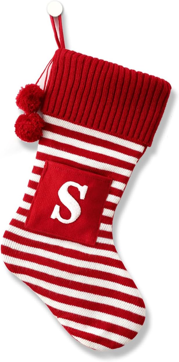 Stockings & Holders - CRSMHLPK 20 Inches Initial Christmas Stocking Monogram Striped Christmas Stocking red Green with White Embroidered Letter Christmas decorations-01-S-Red