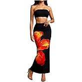 winkbay Women's 2 Piece Beach Vacation Outfits Boho Strapless Crop Tube Top and Floral Maxi Skirt Set