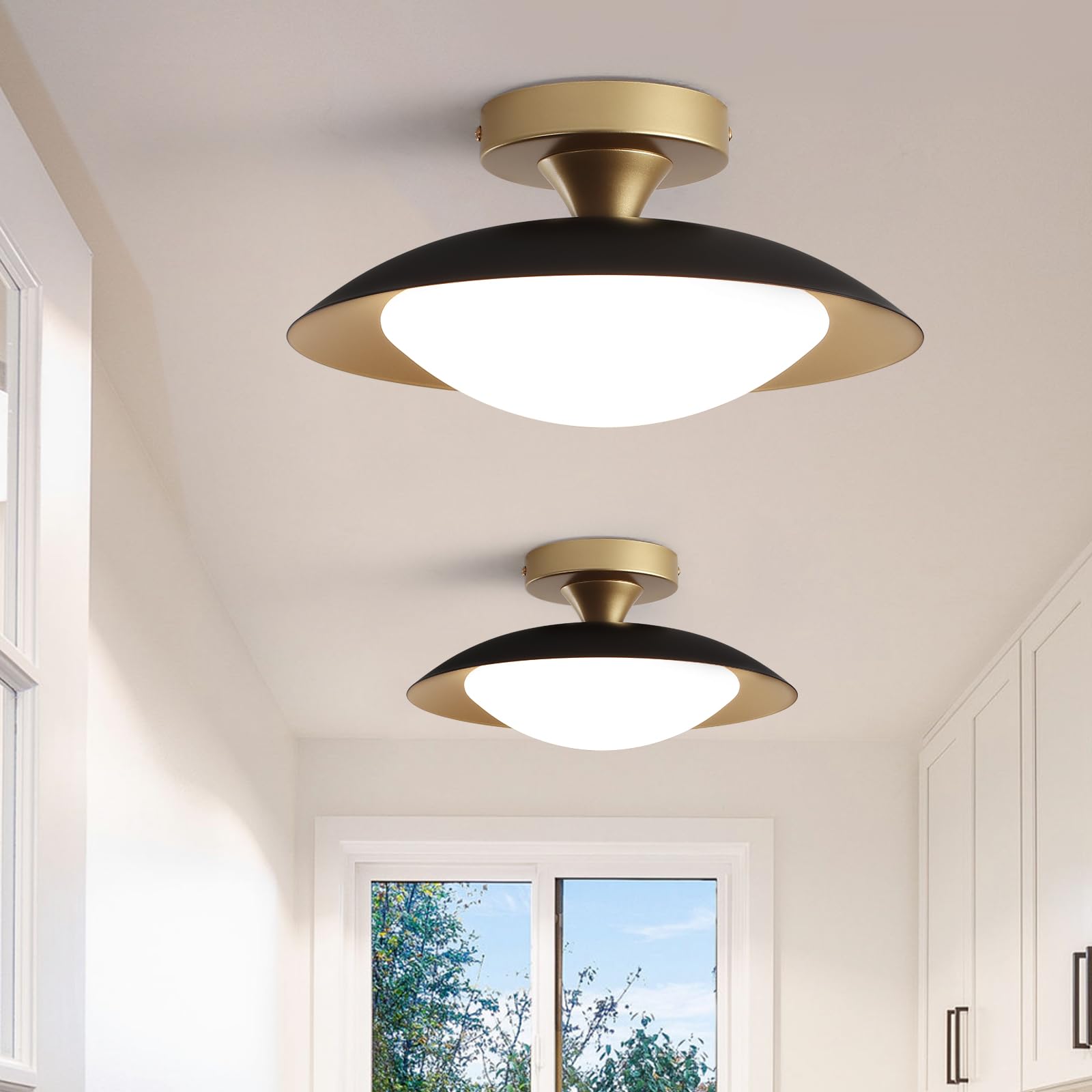 Photo 1 of 2 Pack Dimmable Mid Century Modern Ceiling Light, Black and Gold LED Semi Flush Mount Ceiling Light, 11.8in 5CCT Hallway Light Fxitures with Acrylic Shade for Kitchen Bedroom Entryway Laundry Room
