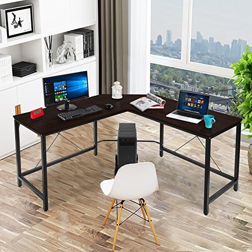 ONXO L-Shape Corner Office Desk Computer Desk Workstation Laptop Table Sturdy Writing Desk with Metal Frame in Dark Brown