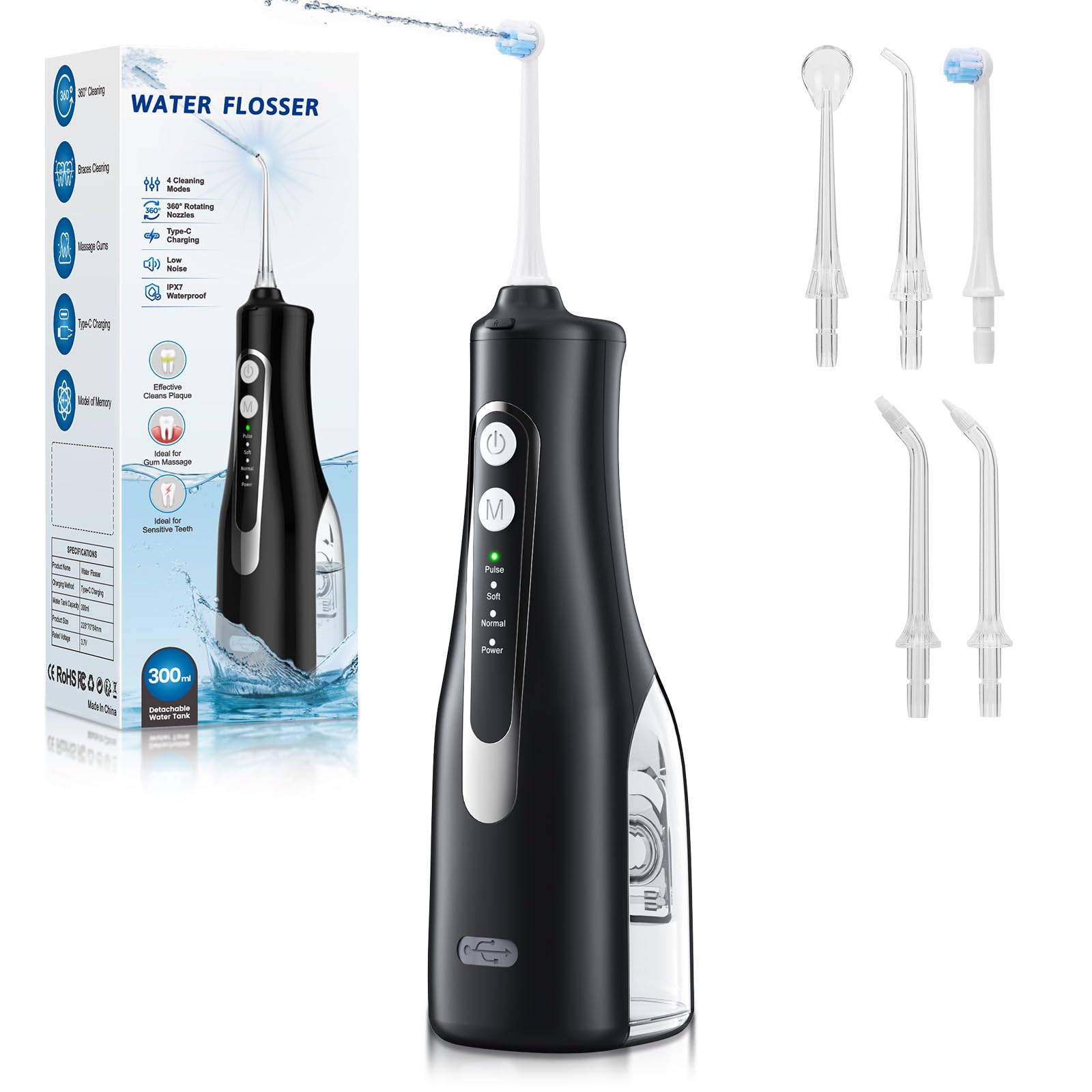 Photo 1 of Water Dental Flosser 300ML Portable - 4 Modes Cordless Oral Irrigator - Rechargeable IPX7 Waterproof - Water Dental Piks for Cleaning for Home Travel