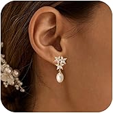 Hayopi Pearl Earrings for Women - Dainty Gold Dangle Drop Earrings, 14k Gold Plated Cute Bow Design, Hypoallergenic Pearl Studs, Wedding Jewelry Gifts