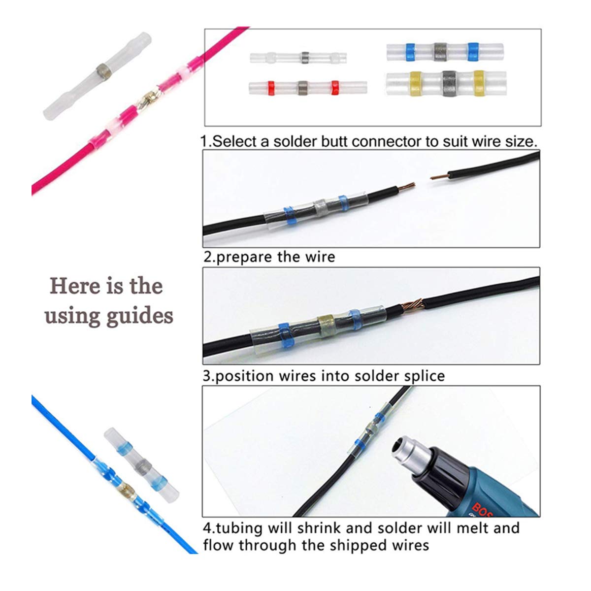240PCS Solder Seal Wire Connectors, SA Designs Heat Shrink Butt Connectors Terminals Electrical Wire Connectors Insulated Waterproof Marine Automotive Copper Connectors Kits