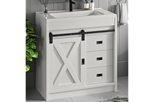4ever2buy Farmhouse Bathroom Vanity with Sink, Small Bathroom Vanity Cabinet with 2 Drawers & Sliding Barn Door, White