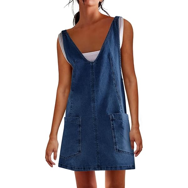 Amazon.com: Perbai Womens Denim V Neck Sleeveless Backless Overall Dress  Casual Summer Mini Pinafore Jean Jumper Dress with Pockets(DarkBlue-S) :  Clothing, Shoes & Jewelry