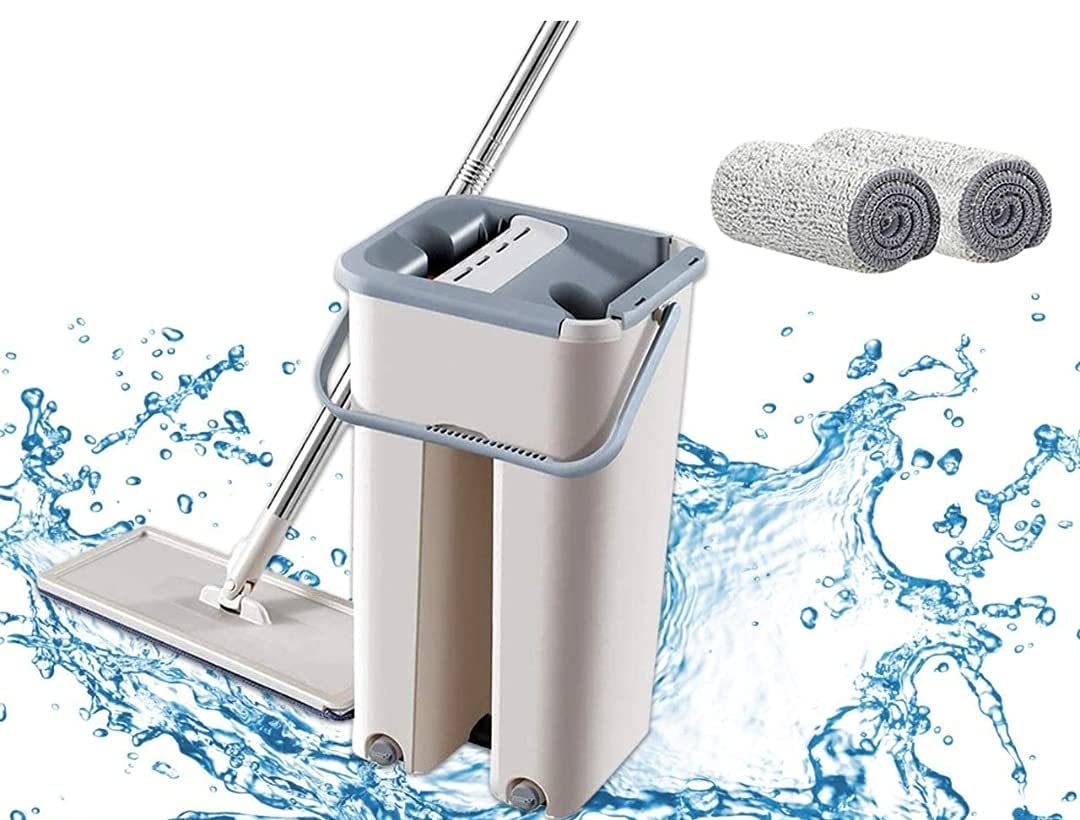 Floor Cleaning Flat Mop with Bucket and 2 Reusable Microfiber Pads