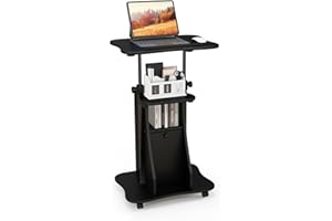 Giantex Mobile Podium Stand, Sit-to-Stand Laptop Cart with Tilting Tabletop & Storage Cabinet, Lockable Casters, Height-Adjustable Rolling Lectern for Classroom, Church, Home Office (Black, 1 Pack)