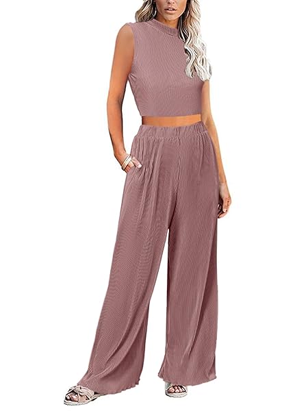 GLAMAKER WOMENS SUMMER 2 PIECE OUTFITS SETS SLEEVELESS CROP TOP AND WIDE LEG PANTS SET CASUAL LOUNGEWEAR VACATION TRENDY OUTFITS PINK M