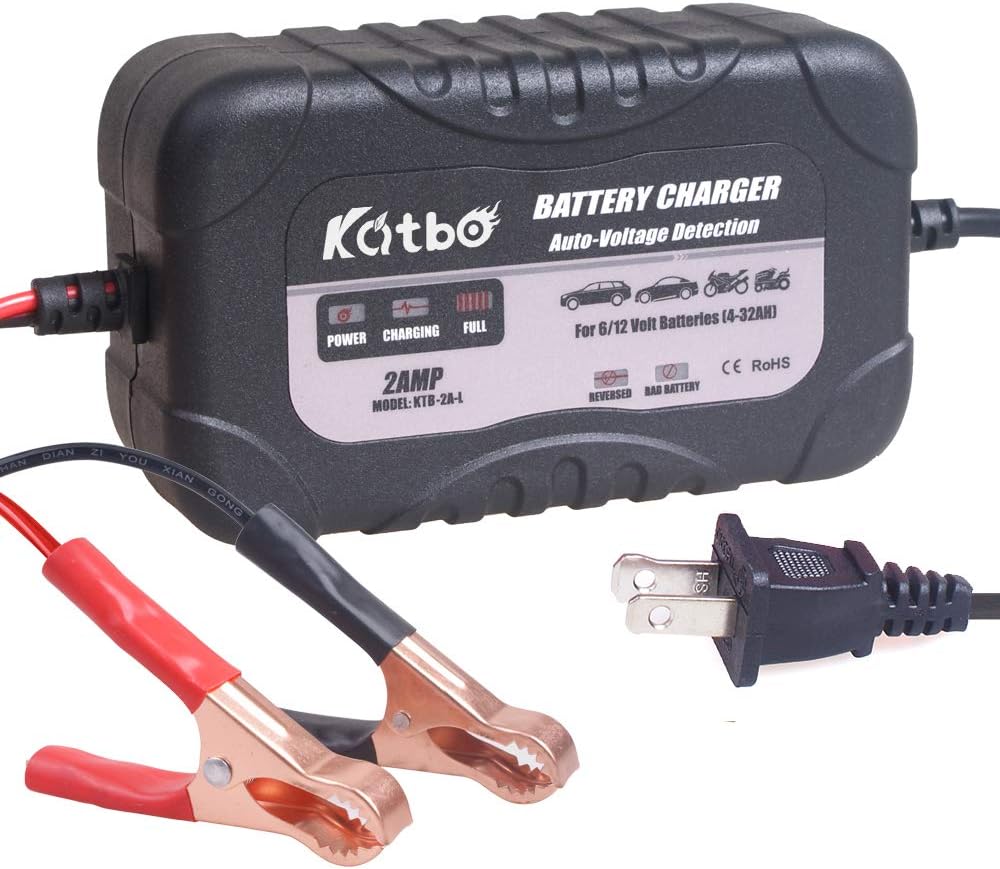 KATBO 2Amp Smart Battery Charger Automatic Battery Charger Maintainer Sealed Lead Acid Trickle Battery Charger Maintainer for Car Motorcycle Lawn Mower ATVs RVs Powersports