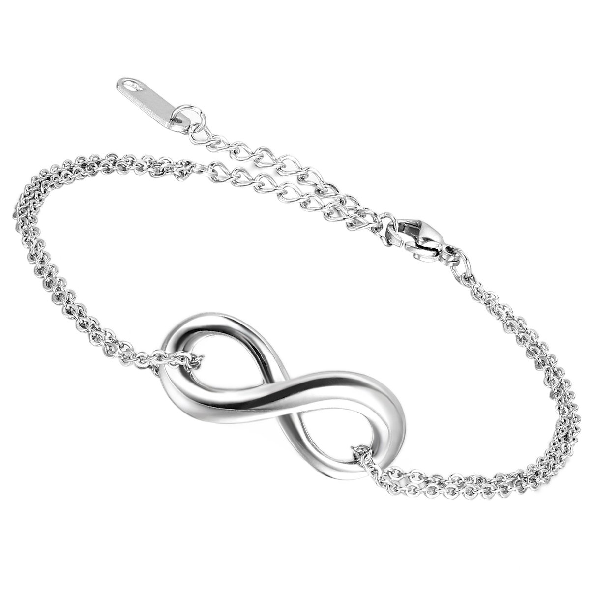 Flongo Womens Ladies Elegant Stainless Steel Infinity Love Valentine Anniversary Link Bracelet, 7.3 inch Chain, Girl Infintiy Endless Anklet, Wedding Engagement Wrist Bracelet