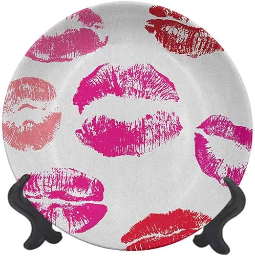 Kiss 8" Decorative Ceramic Plate,Grunge Pink and Red