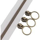YaHoGa #5 Antique Brass Teeth Nylon Coil Zippers by The Yard 10 Yards White | Metallic Zipper Tape Bulk with 20PCS Pulls Sliders for Sewing Tailor Craft DIY Bags