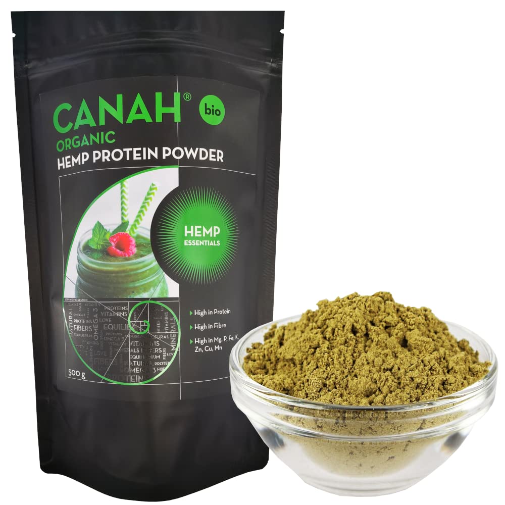 Canah® Organic Hemp Protein Powder 500 g Vegan, High in Protein, Fibre, Omega 3 & Omega 6, Amino Acids, Vitamins and Minerals, Certified Kosher + Free Bonus Recipes