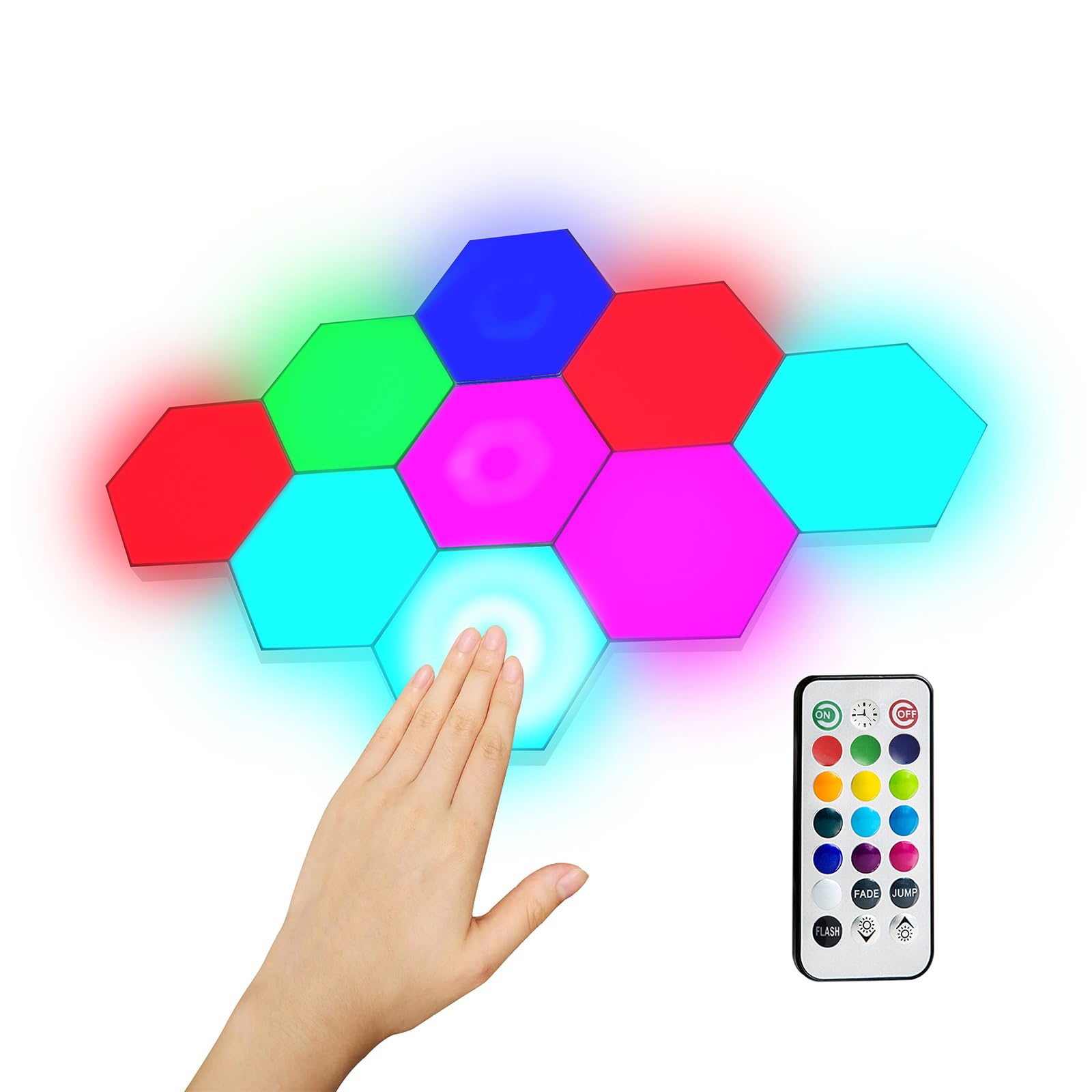 Photo 1 of Tehoi 9-Pack Hexagon Lights, Remote and Touch Controlled RGB Wall Light Panels - LED Panels for Living Room, Bedroom, Game Room Decor - Double-Sided Tape and Tabletop Stand Included