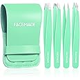 FACEMADE 4 Pack Tweezers Set - Professional Stainless Steel for Men and Women, Precision Eyebrow Tweezers for Facial Hair, Chin, and Ingrown Hair Removal (Green)