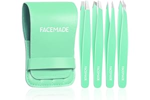 FACEMADE 4 Pack Tweezers Set - Professional Stainless Steel for Men and Women, Precision Eyebrow Tweezers for Facial Hair, Chin, and Ingrown Hair Removal (Green)