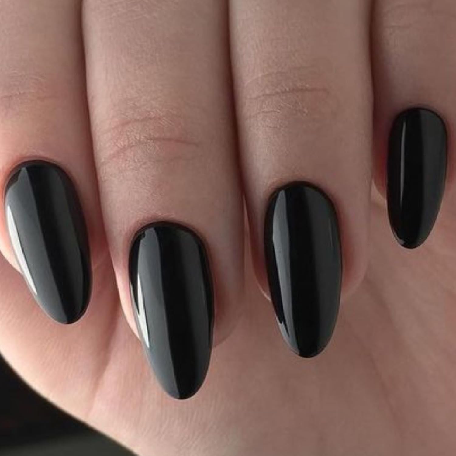 GLAMERMAID Black Press on Nails Medium Almond, Neutral Jelly Gel Glossy Emo Fake Nails Stiletto, Pure Dark Short Oval Stick Glue on Nails Tip for Women, Reusable Acrylic Daily False Nail Manicure Kit - Image 7